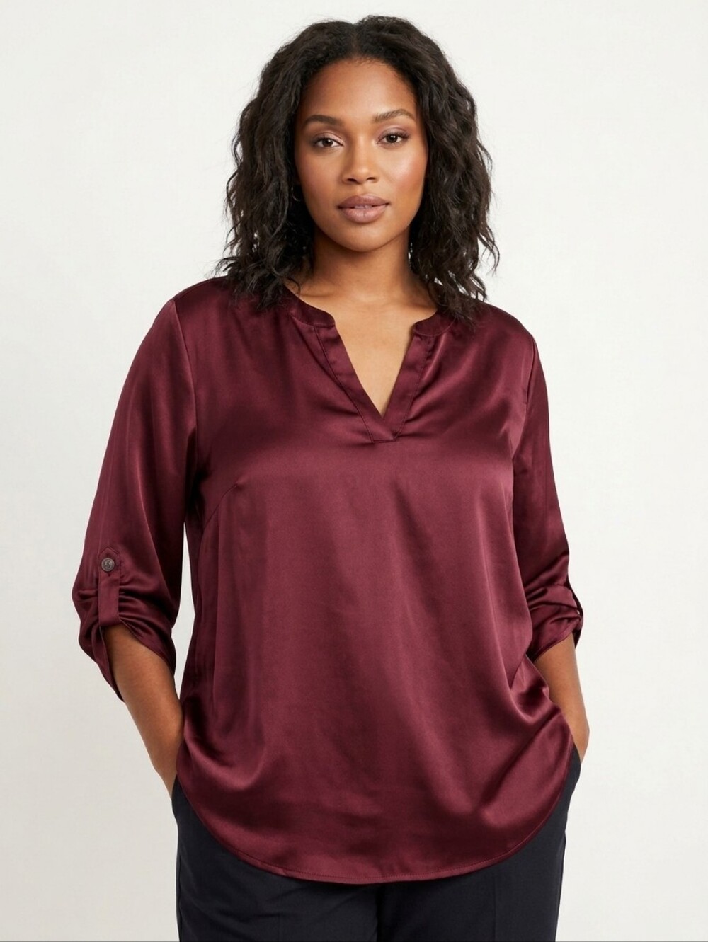 NWT Maurices Satin Split-Neck Roll-Tab Sleeve Wine Blouse Size XXL